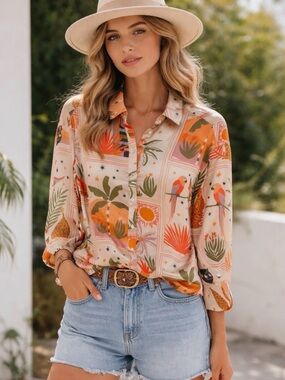 House of Harlow 1960 Beige Tropical Print Button-Down Shirt